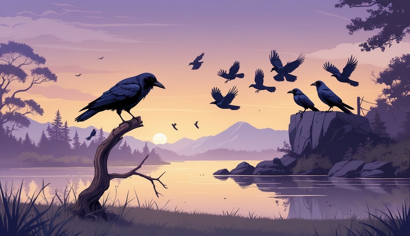 A natural landscape at dusk with groups of crows in different numbers perched and flying over trees, rocks, and a lake.