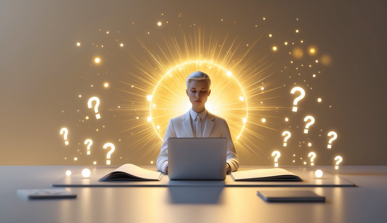 A calm person seated at a desk surrounded by a glowing gold aura with floating question marks, representing knowledge and answers.