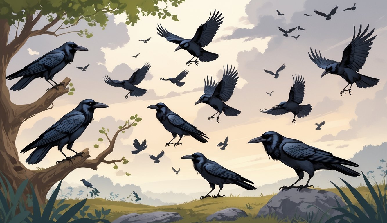 A natural scene showing several crows in different group sizes perched and flying, with subtle cultural symbols in the background representing various beliefs about crows.
