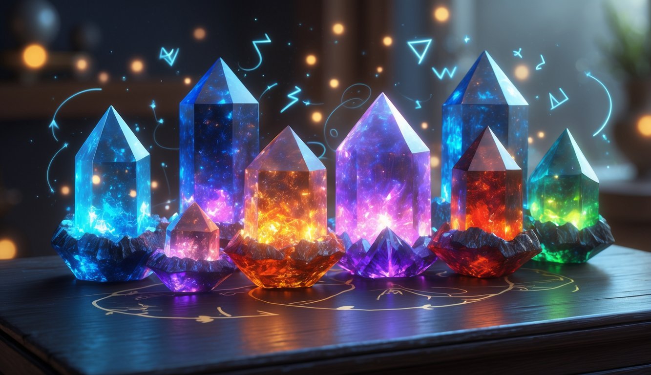 A collection of glowing magic crystals on a table with floating magical symbols around them.