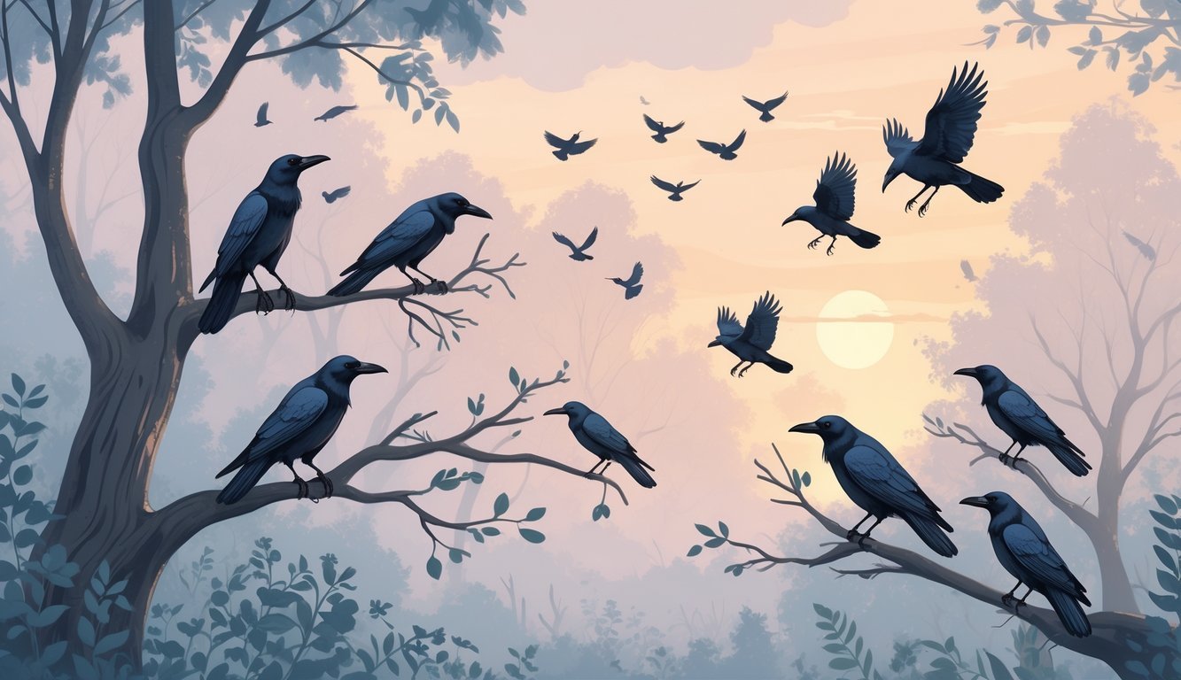 A group of crows perched on tree branches and flying in a misty forest at dawn.