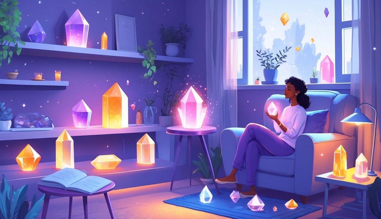 A person sitting in a cozy living room holding a glowing magic crystal, surrounded by various crystals placed on shelves and a table.