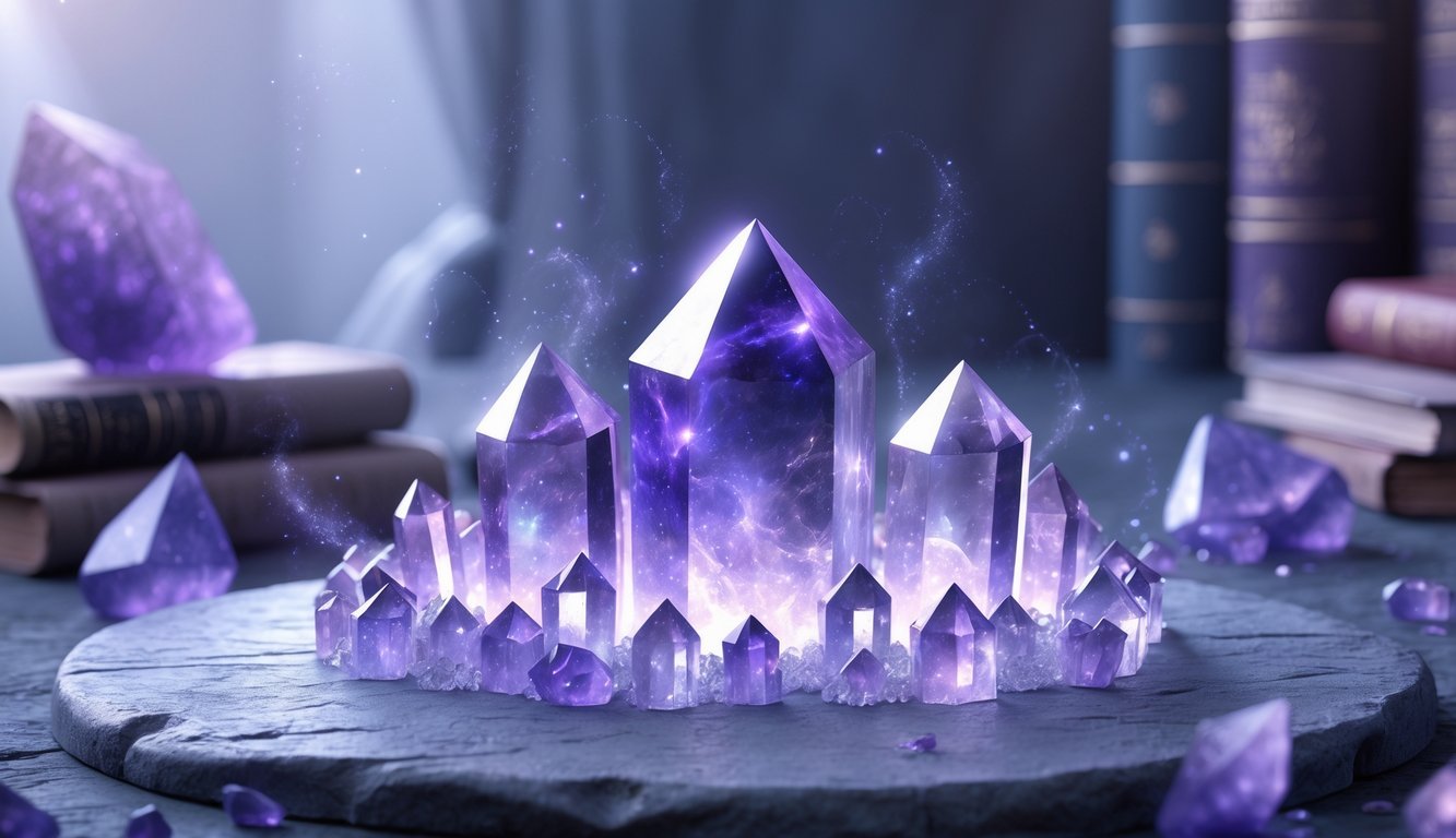 A glowing circle of magic crystals on a stone surface with soft light beams and ancient books faintly visible in the background.