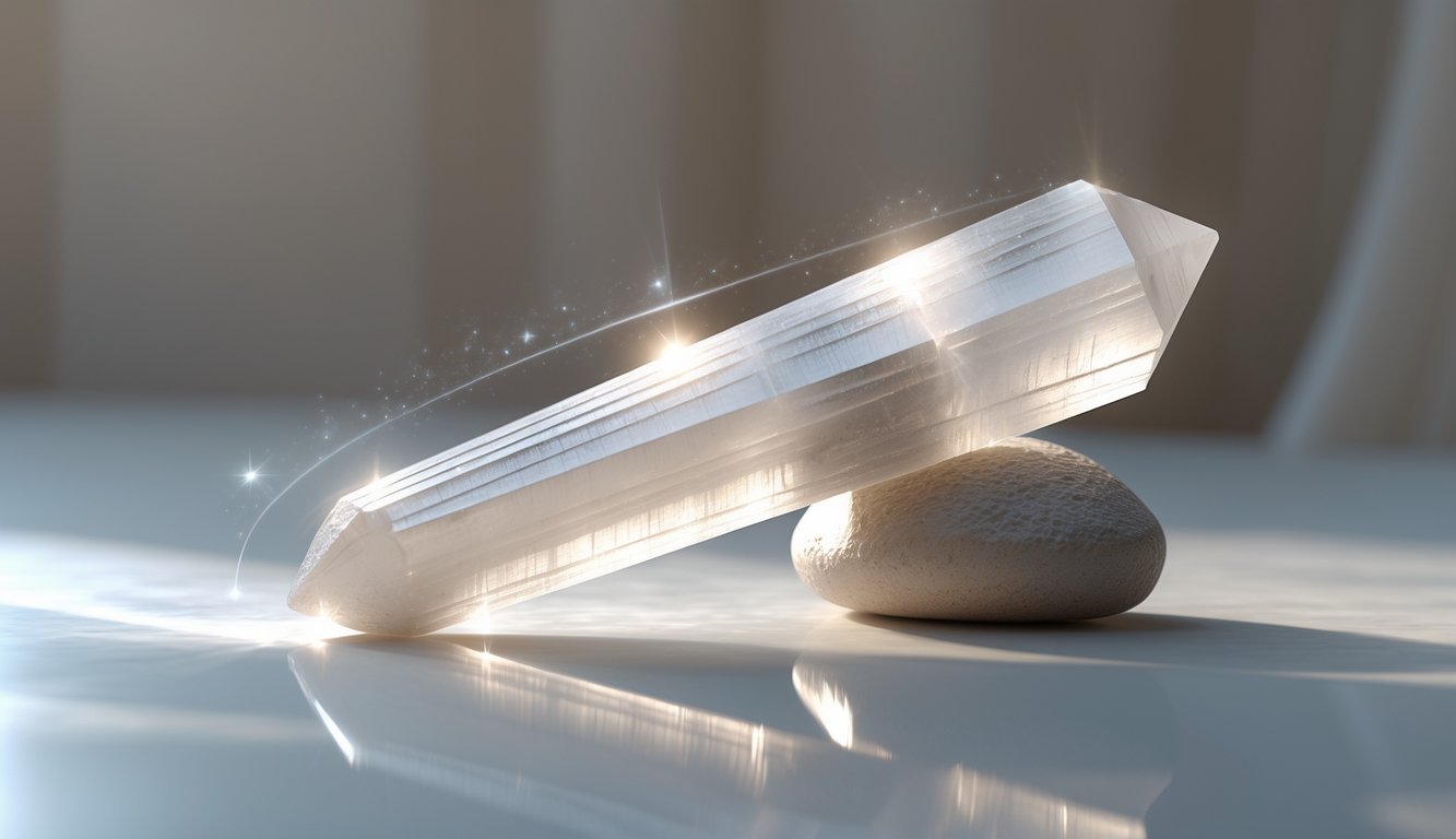 A translucent white selenite wand resting on a smooth surface with soft glowing light around it.