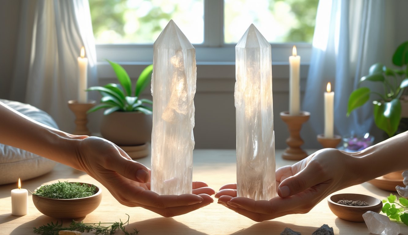 A pair of glowing selenite wands held above outstretched hands in a peaceful healing space with crystals, candles, and plants.