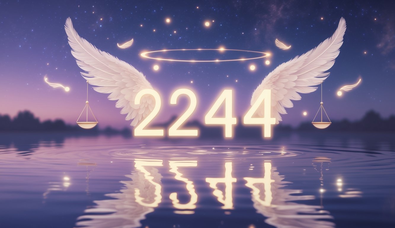 Glowing angel number 2244 floating above calm water at twilight with angelic wings and stars in the sky.