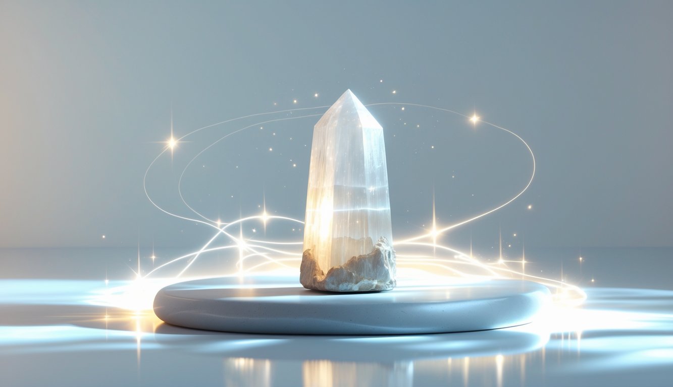 A translucent selenite wand resting on a smooth surface with soft glowing light and gentle sparkles around it.