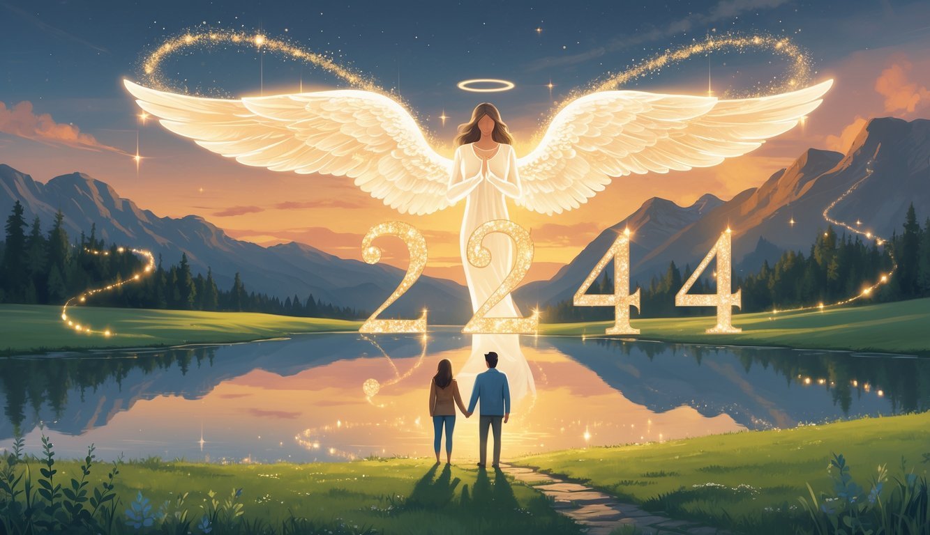 An angelic figure glowing above a lake at twilight with a couple holding hands nearby and a winding path leading toward distant mountains under a colorful sunset.