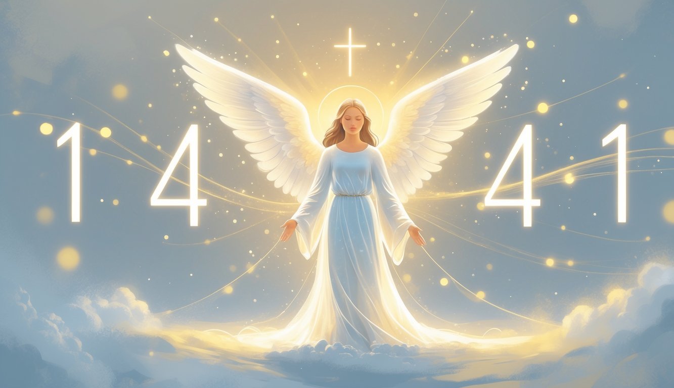 A glowing angel with wings surrounded by soft light and abstract glowing shapes forming the numbers 1441 in a peaceful, ethereal setting.