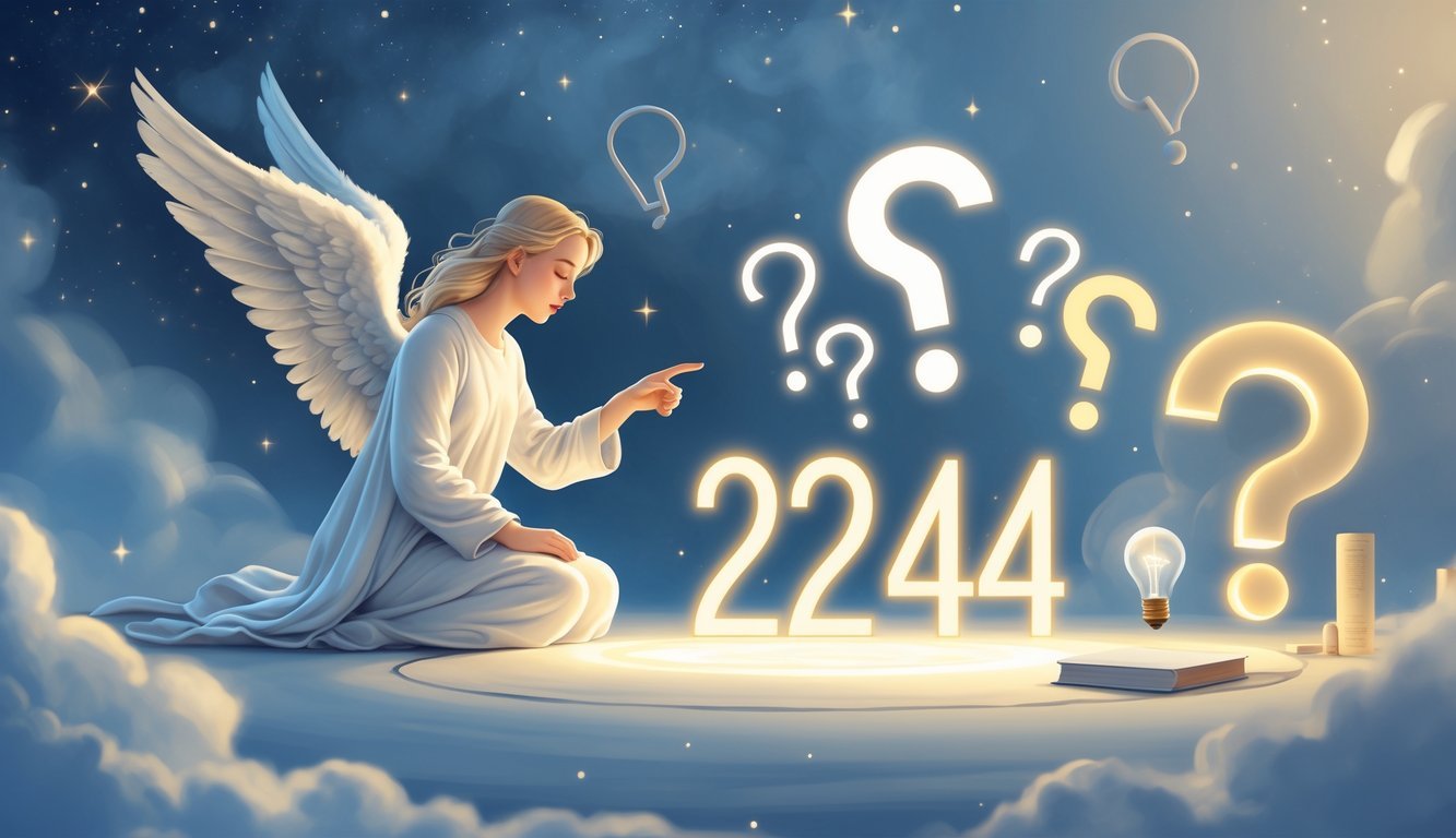 An angel with glowing wings pointing at a floating glowing number 2244 surrounded by question marks and symbols of knowledge against a soft, celestial background.