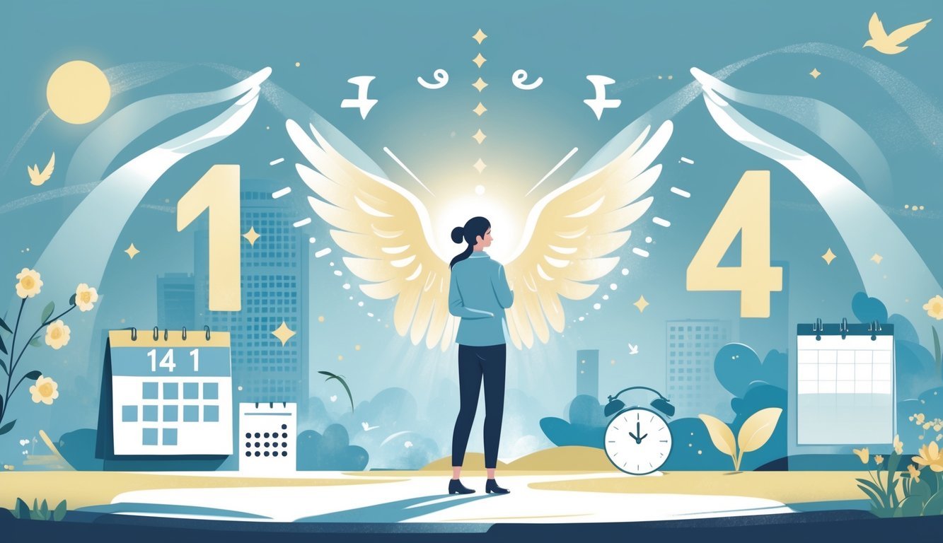 A person standing thoughtfully in an urban setting surrounded by glowing angelic symbols and abstract numbers, with elements like a clock, calendar, flowers, and birds representing daily life and spiritual growth.