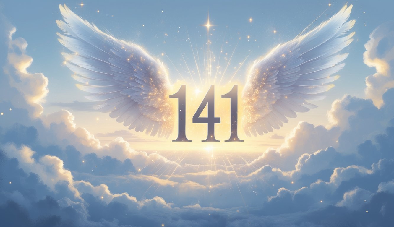 Glowing number 1441 surrounded by soft light, angel wings, and a peaceful sky with clouds and sunlight.