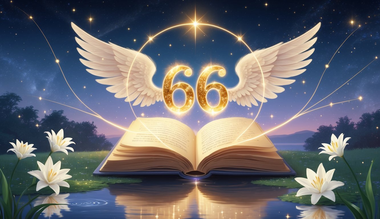 A glowing number 636 above an open ancient book, surrounded by angel wings and a starry twilight sky over a peaceful landscape with lilies and flowing water.