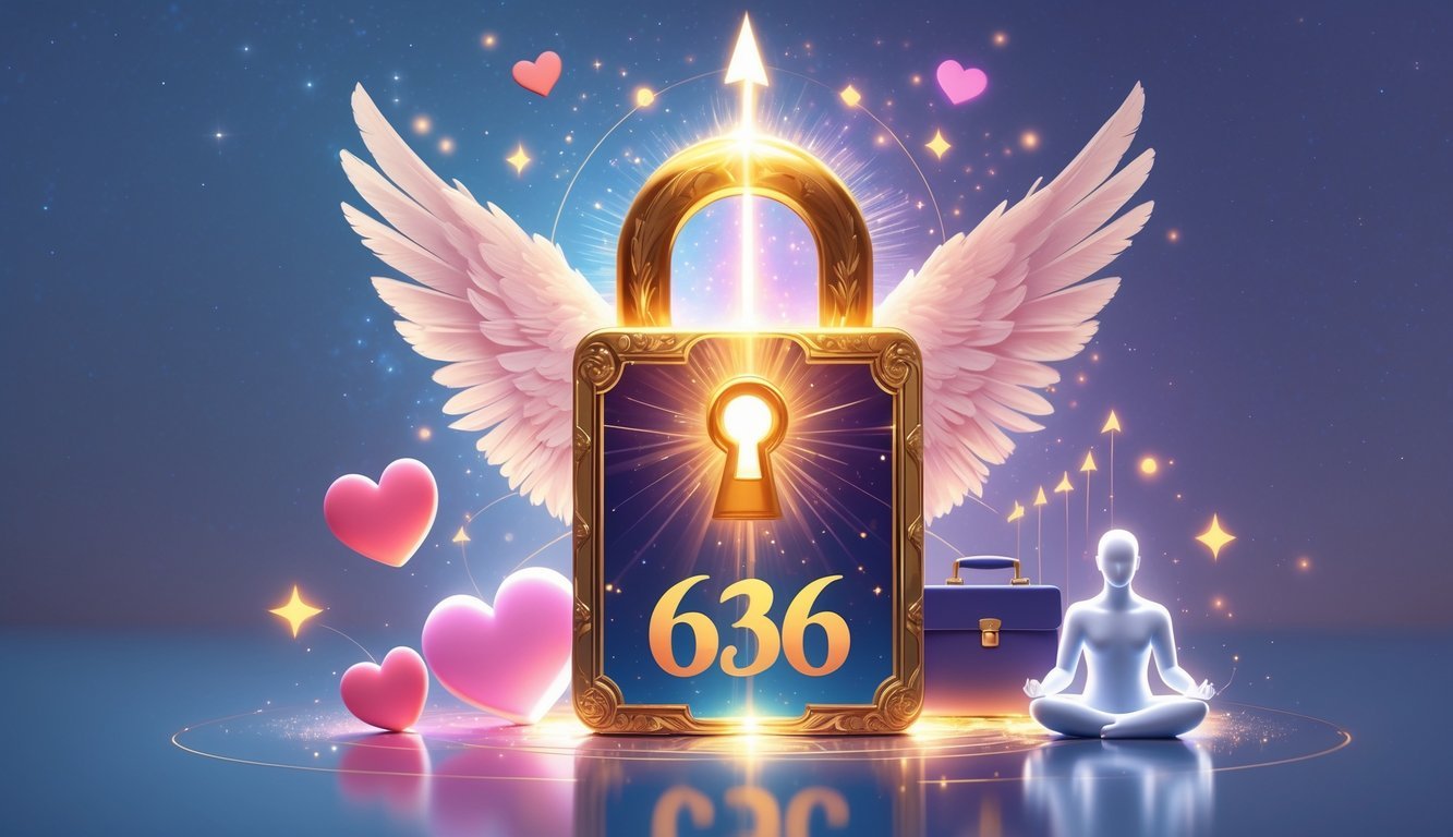 A glowing golden key unlocking a radiant lock shaped like the number 636, surrounded by symbols of love, career, and personal life with a calming, mystical background.
