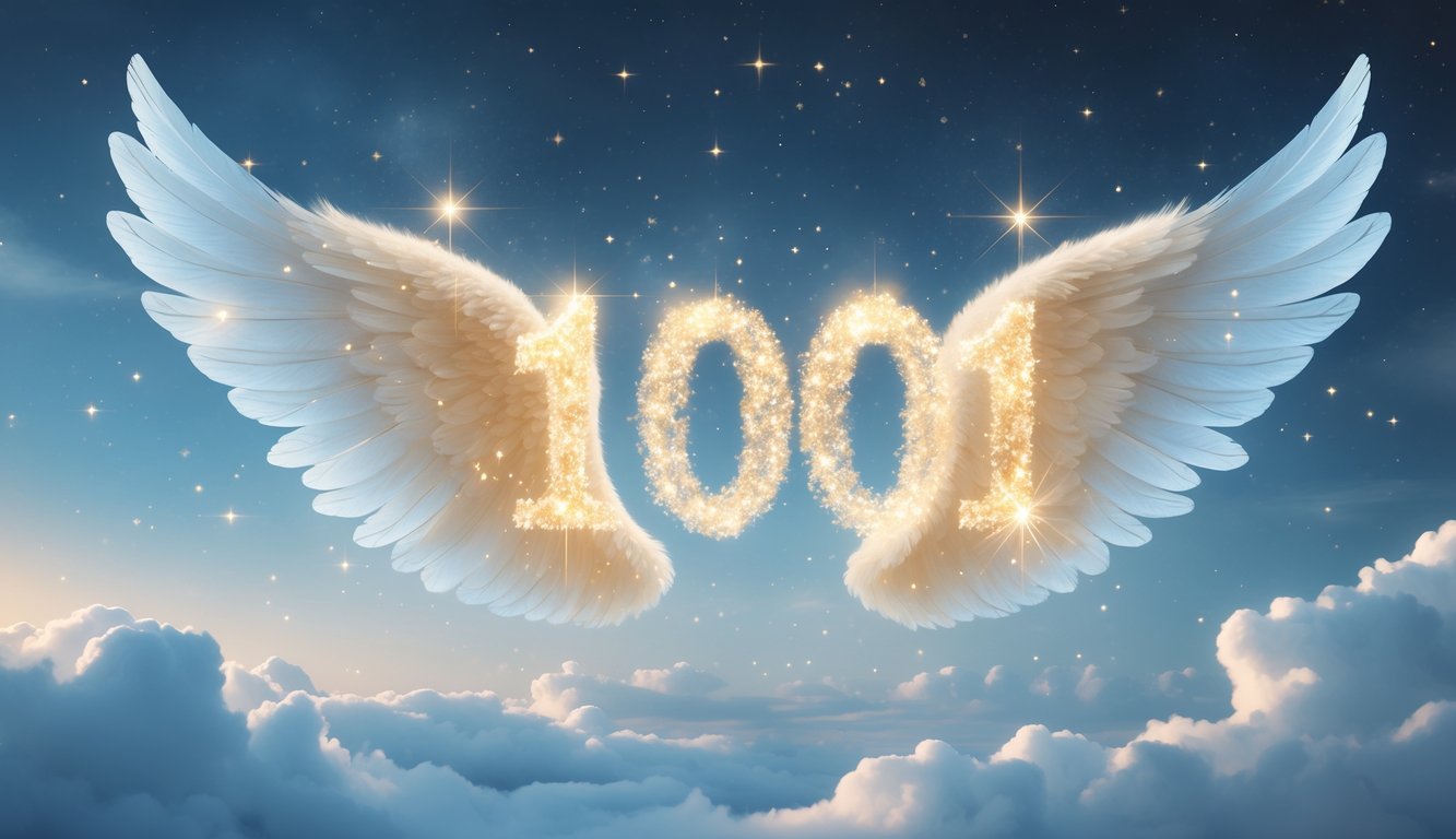 A glowing number 1001 surrounded by angel wings and soft light beams against a peaceful sky with clouds and stars.