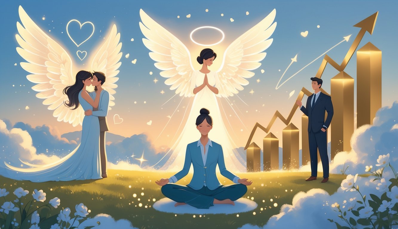 An angelic figure hovers above a scene showing a loving couple, a professional standing by rising steps, and a person meditating surrounded by flowers, all under a calm sky.