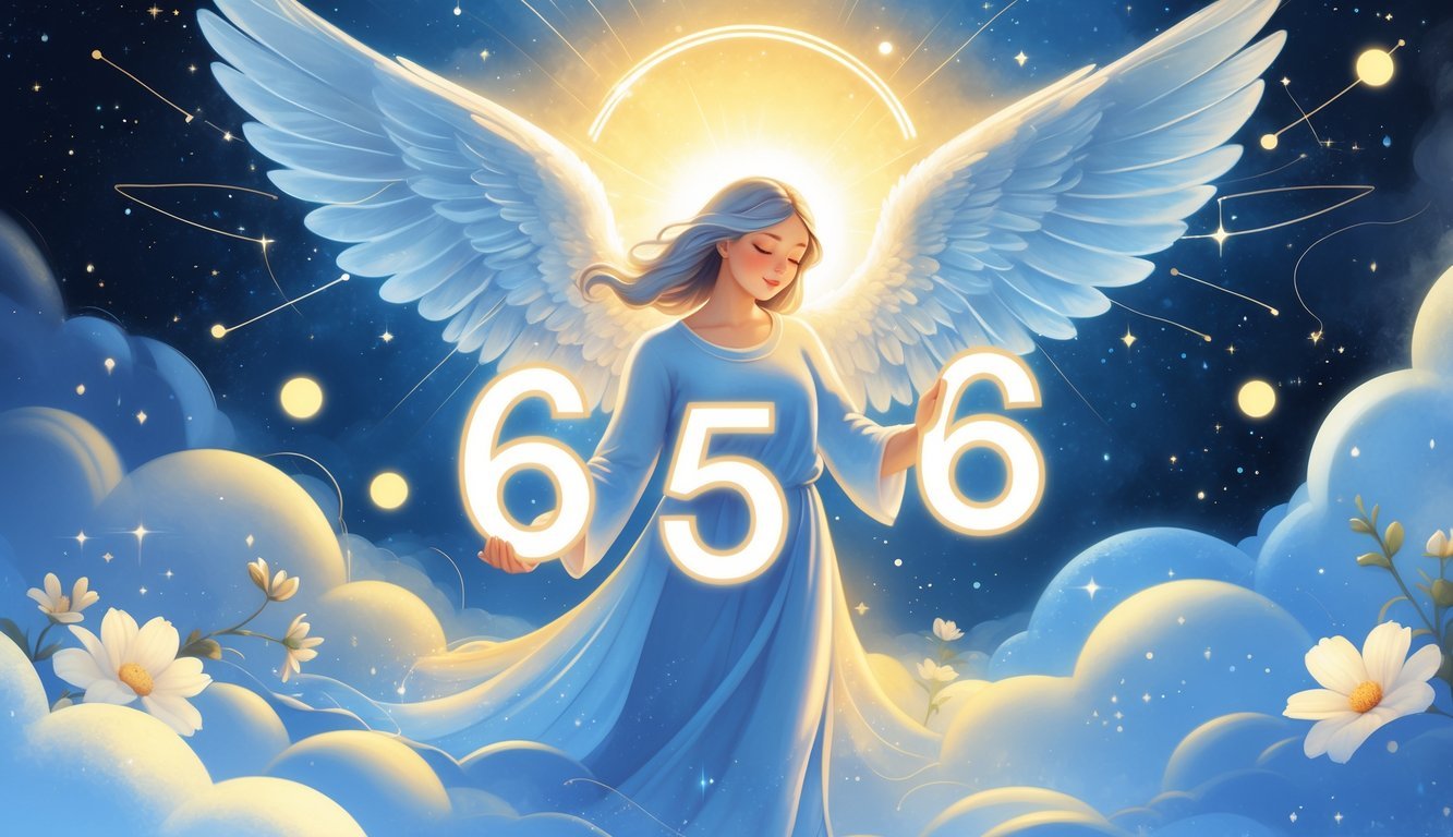 An angelic figure with glowing wings surrounded by floating numbers 6, 5, and 6 in a starry cosmic background, symbolizing spiritual guidance and harmony.