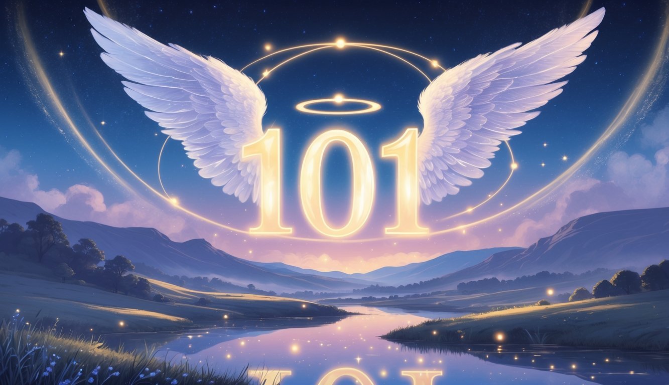 Glowing angel number 1001 floating in a twilight sky above a peaceful landscape with hills and a lake, surrounded by soft light and angel wings.