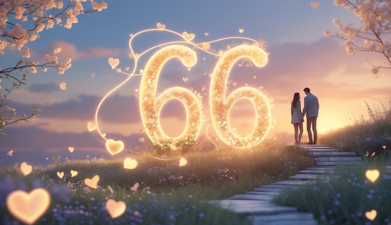 A glowing number 656 surrounded by hearts, flowers, and vines with two people reaching out to each other under a warm sunrise sky, symbolizing love and personal growth.