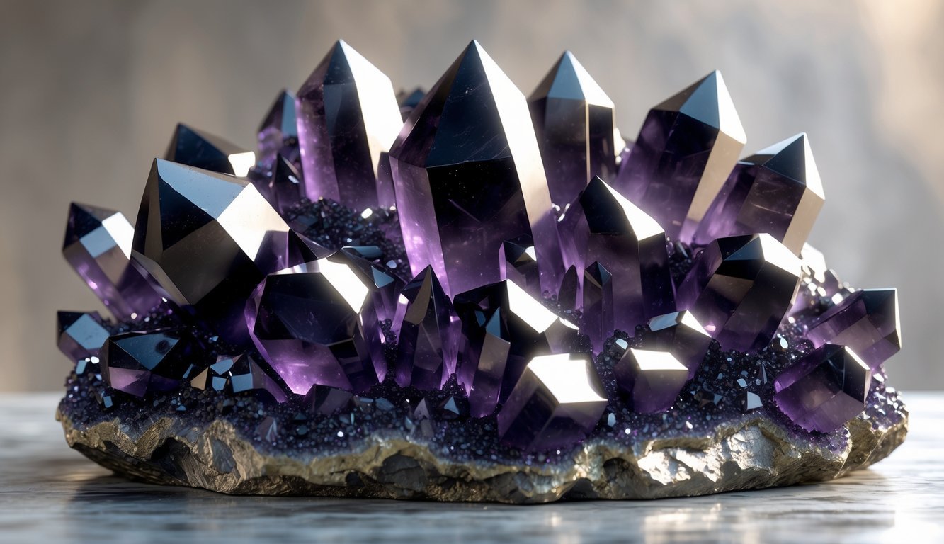 A cluster of dark purple to near-black amethyst crystals on a rough base, showing sharp facets and natural formations.