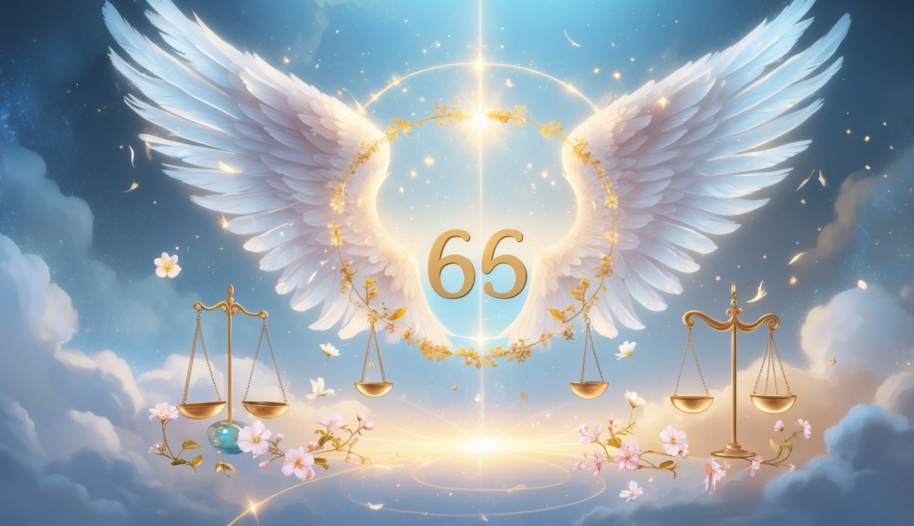 A glowing number 656 surrounded by angel wings and symbols of balance and transformation against a soft, ethereal background.
