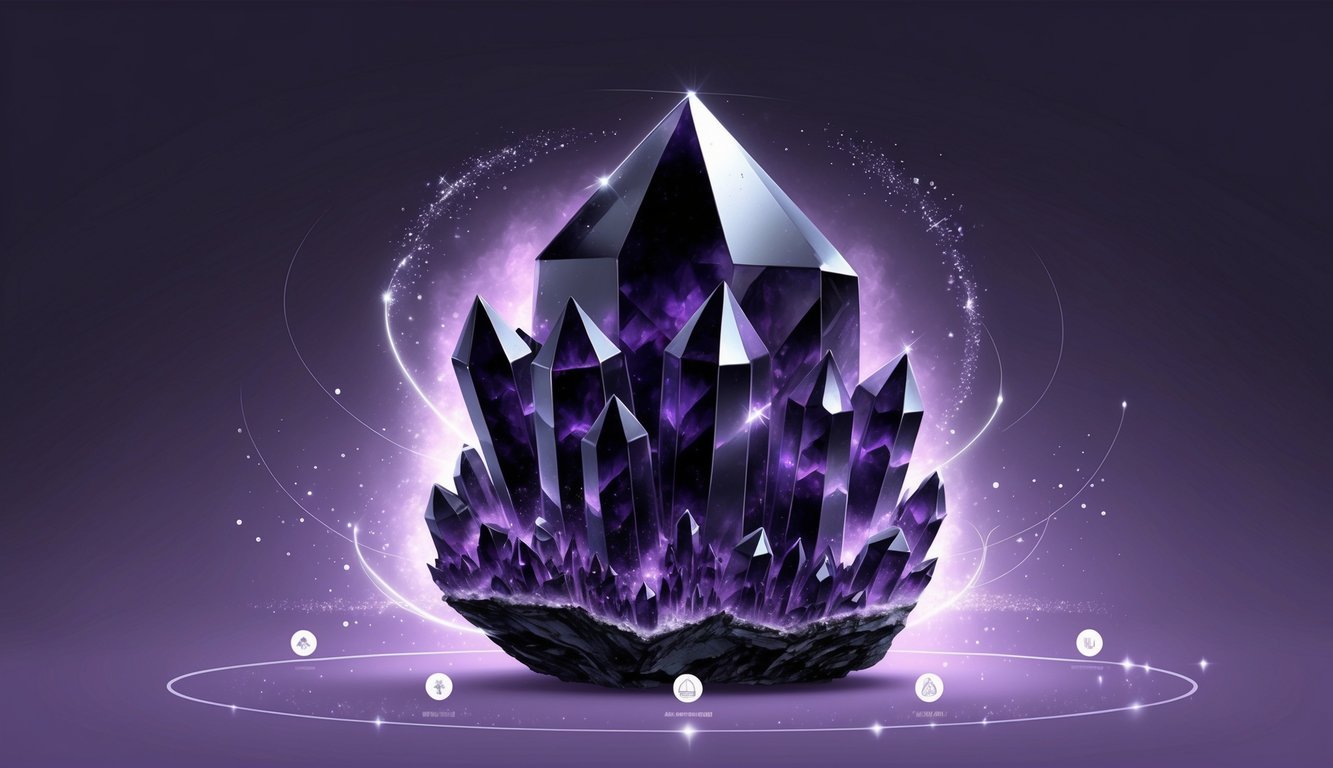 A dark purple black amethyst crystal cluster surrounded by soft glowing light and symbolic icons representing healing and spiritual energy.