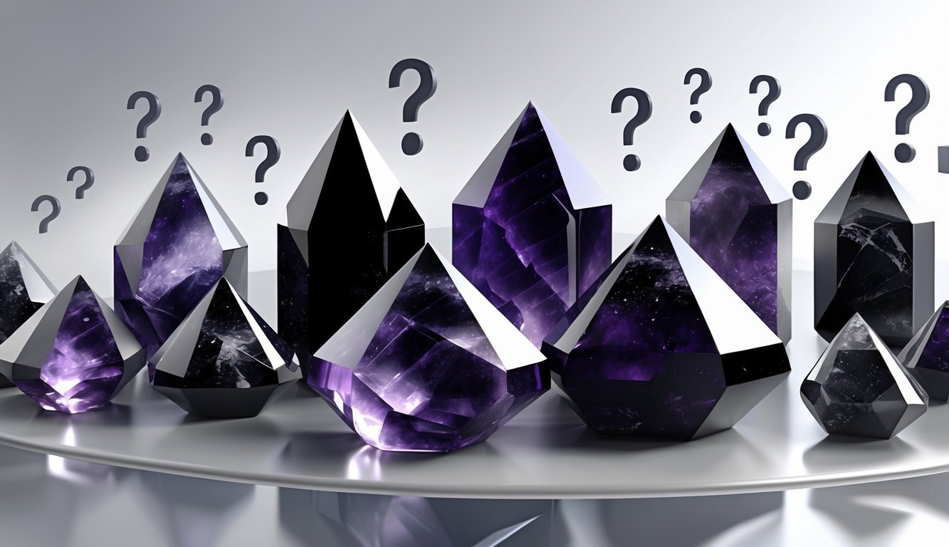 A group of polished black amethyst crystals displayed on a reflective surface with subtle question mark icons in the background.