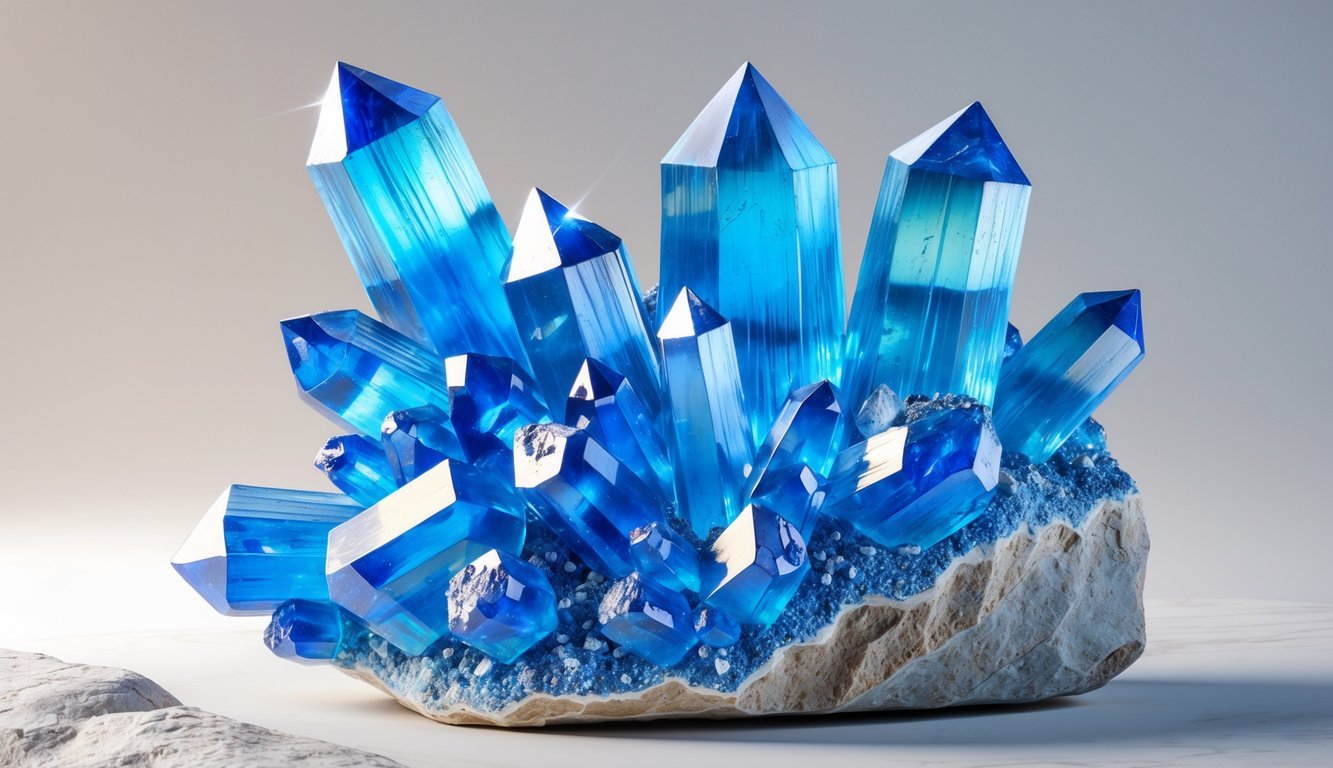 A detailed illustration of a cluster of blue aragonite crystals on a rock base.