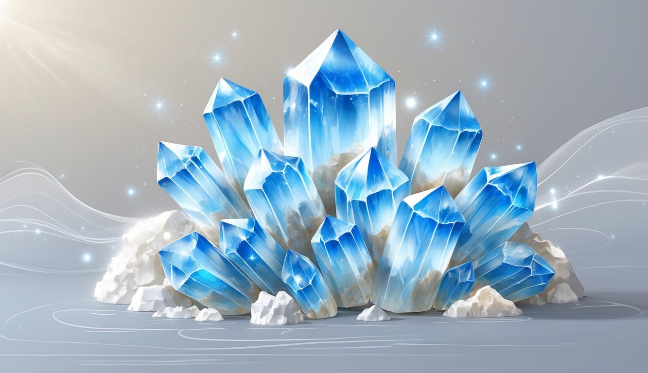 Blue aragonite crystal clusters with glowing light effects and abstract water waves symbolizing healing and tranquility.