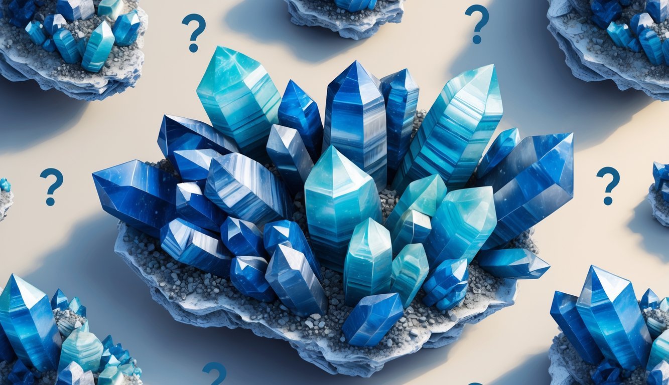 A detailed illustration of several blue aragonite crystals with layered formations and varying shades of blue, arranged on a neutral background with subtle question mark shapes around them.