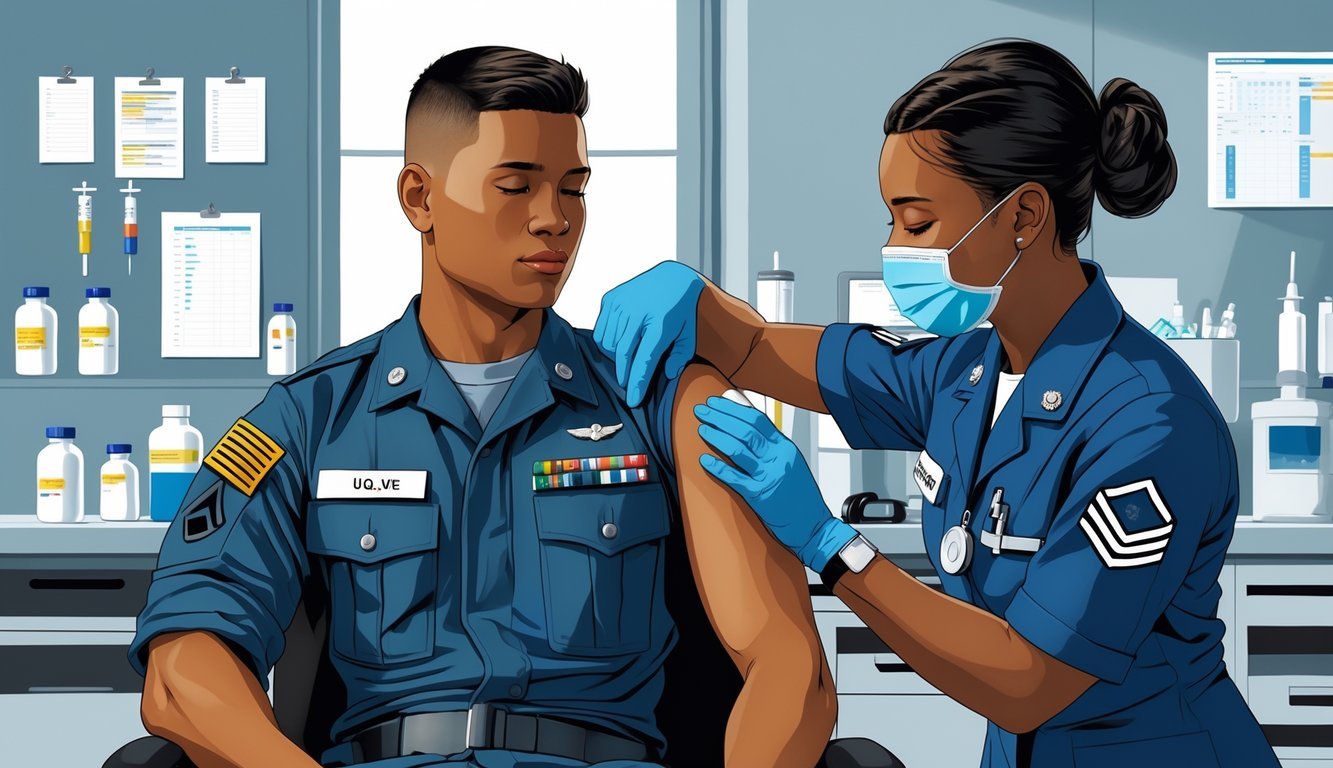 A U.S. Army soldier receiving an injection in the upper arm from a medical professional inside a military clinic.