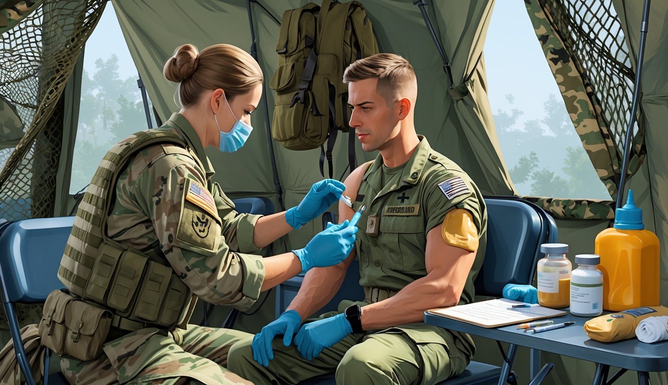 A soldier in army uniform receives an injection from a medic inside a military medical tent.