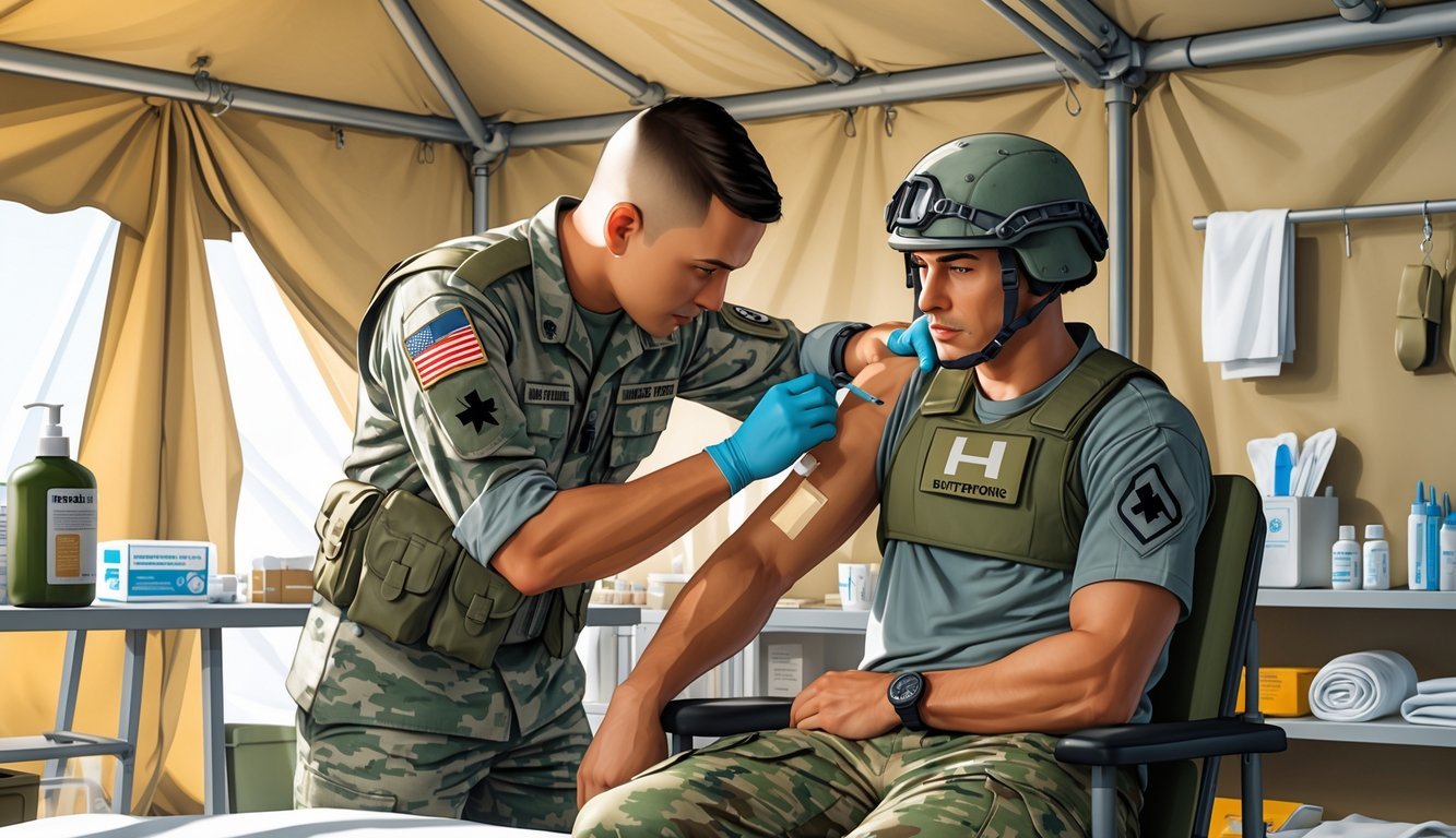 A soldier in camouflage receives an injection from a medic inside a military medical tent.