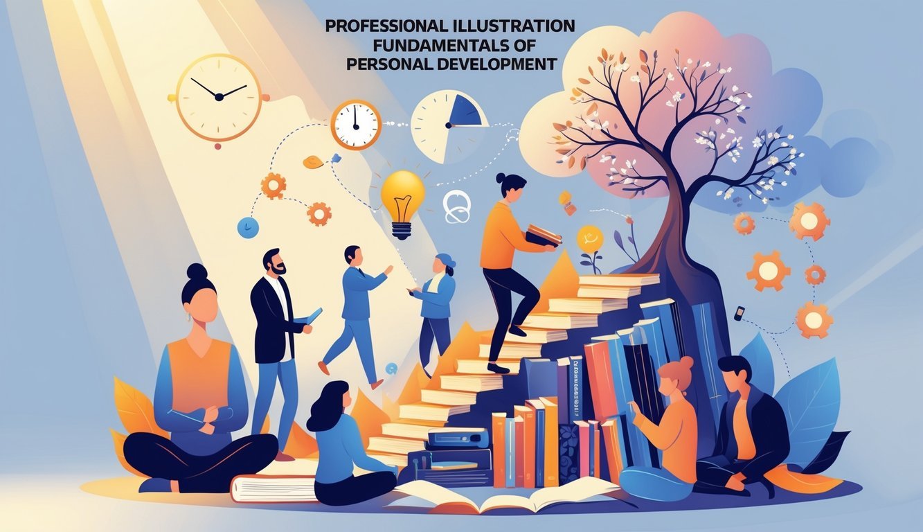 A group of people engaged in activities representing personal growth, including climbing books, light bulb, clock, blooming tree, and meditation symbols.