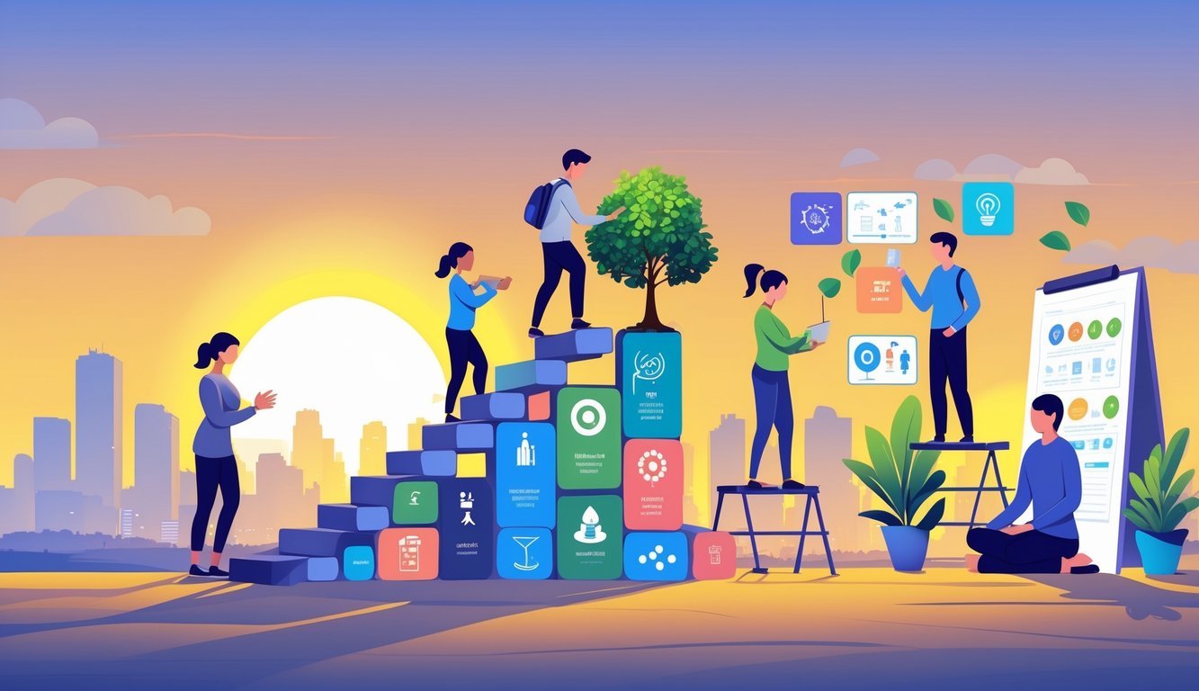 People climbing stairs made of books, planting a tree, arranging a vision board, and meditating with a sunrise over a city in the background, symbolizing personal growth and goal achievement.