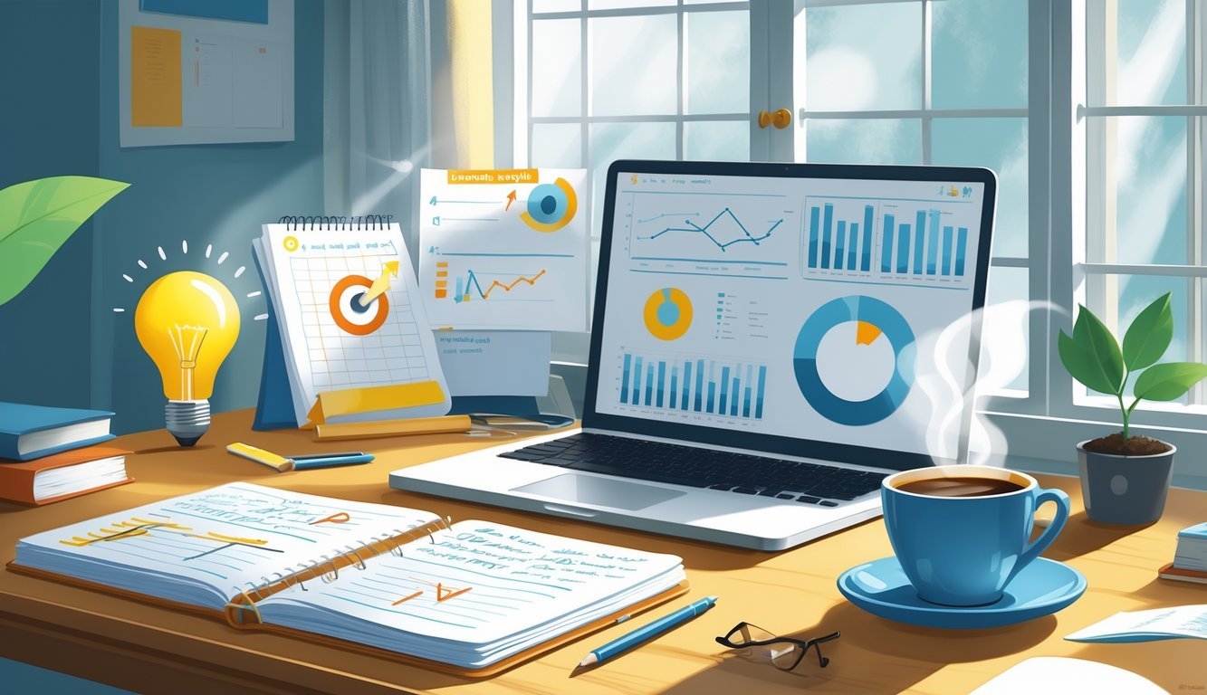 A workspace with a notebook, laptop showing charts, a coffee cup, and icons representing growth and learning on a wooden desk by a window.