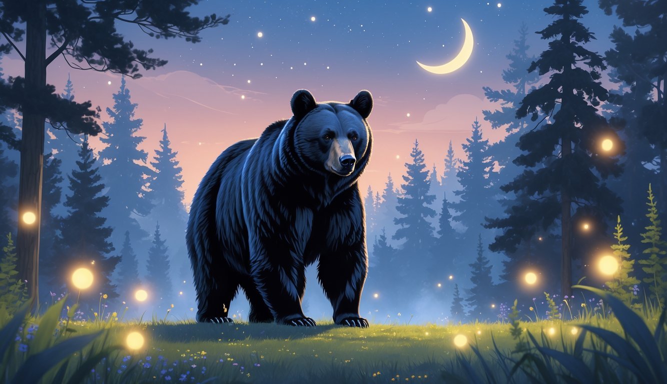 A black bear stands calmly in a misty forest clearing at dusk with glowing fireflies and a twilight sky.