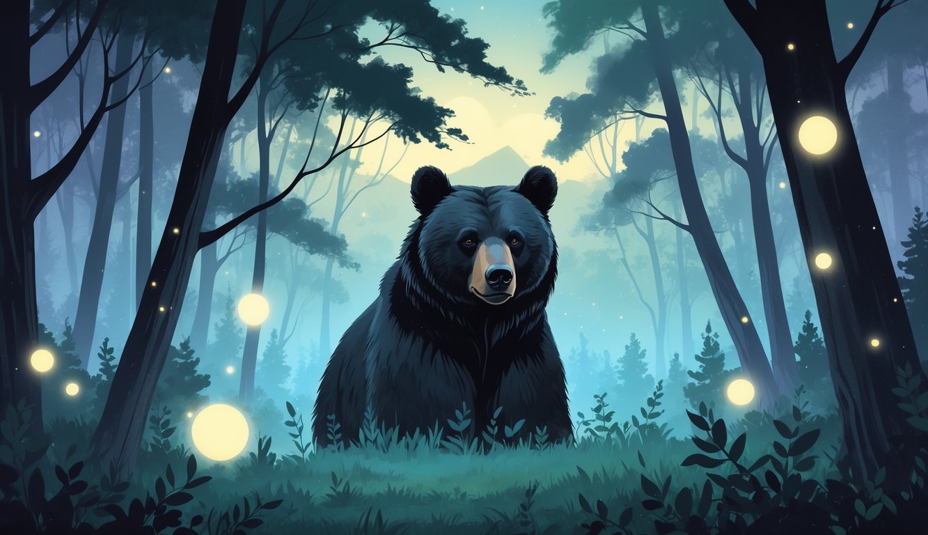 A black bear peacefully standing in a forest at twilight surrounded by glowing orbs and mist.