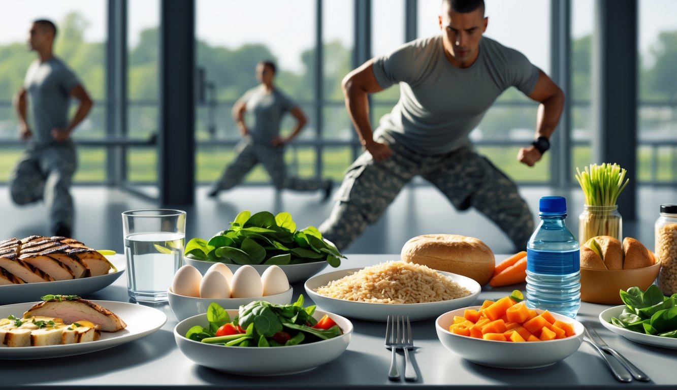 A table with healthy foods like grilled chicken, eggs, whole grains, vegetables, and water, with a soldier warming up in the background.