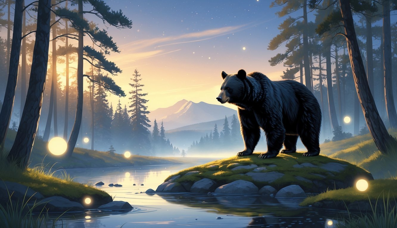 A black bear standing calmly on a mossy rock beside a stream in a peaceful forest at dawn with soft light and mist around.