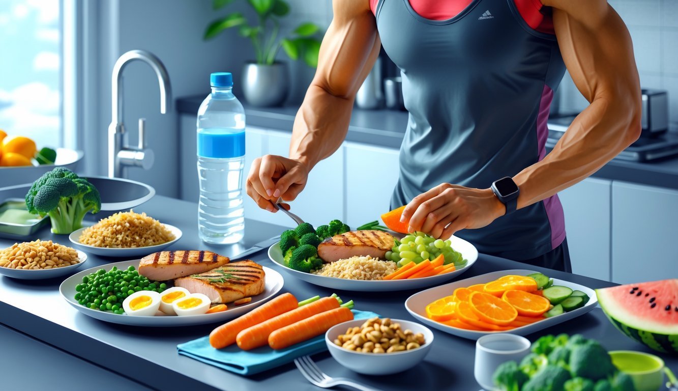 A person preparing a balanced meal with lean proteins, vegetables, fruits, and whole grains on a kitchen counter, with fitness gear visible in the background.