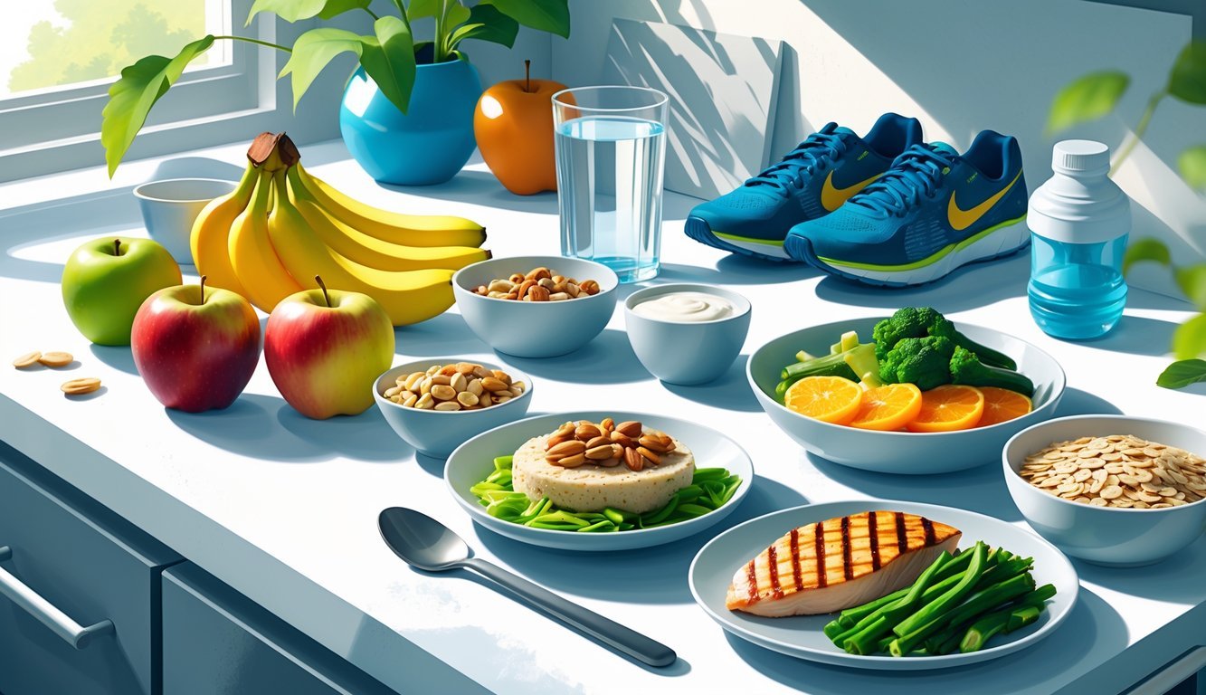 A kitchen counter with healthy foods including fruits, oatmeal, grilled chicken, vegetables, and water, with athletic gear in the background.