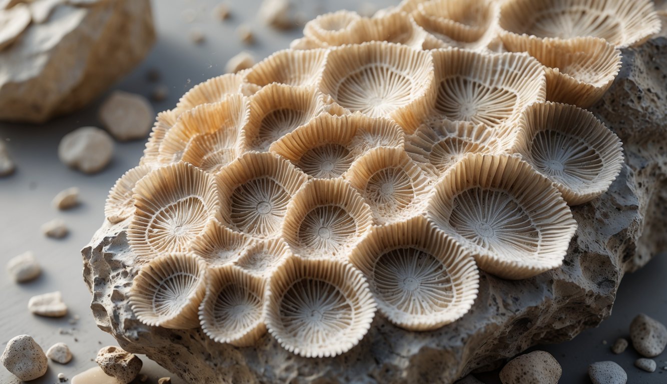Close-up view of fossil coral embedded in rock showing detailed patterns and textures.