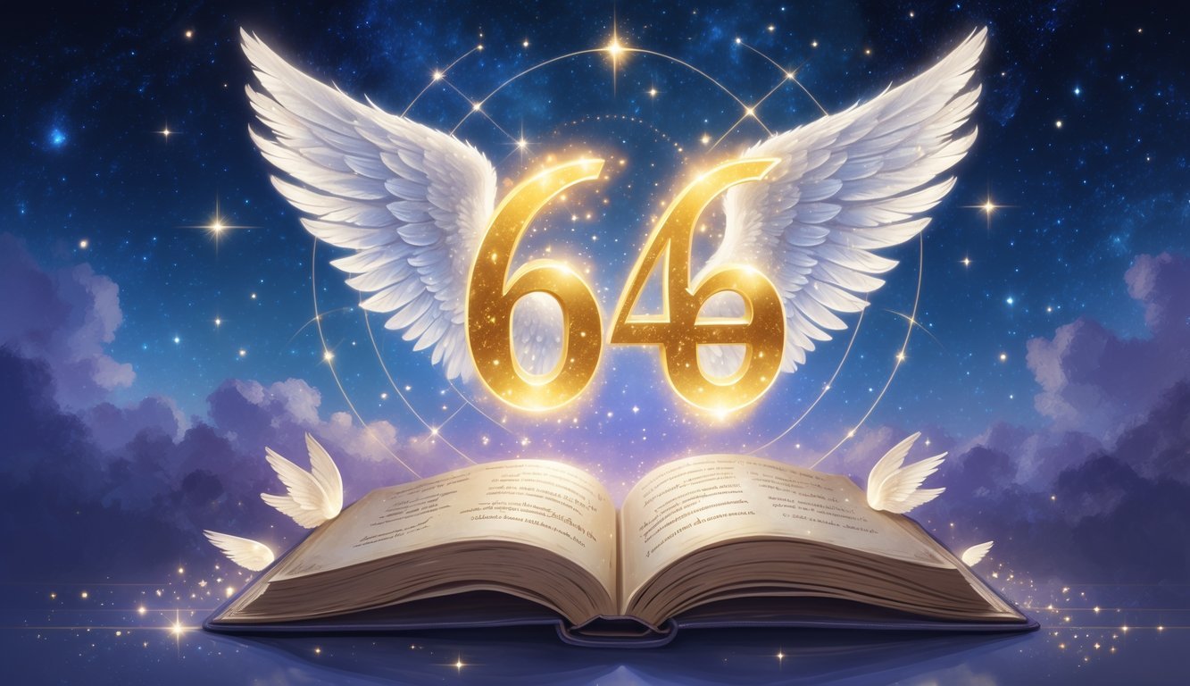 A glowing number 646 floating above an open ancient book with angel wings and a starry sky in the background.