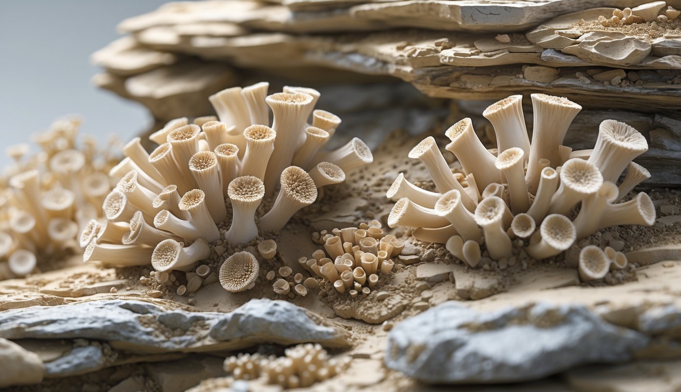 Close-up view of fossil coral embedded in rock showing detailed patterns and textures of coral structures.
