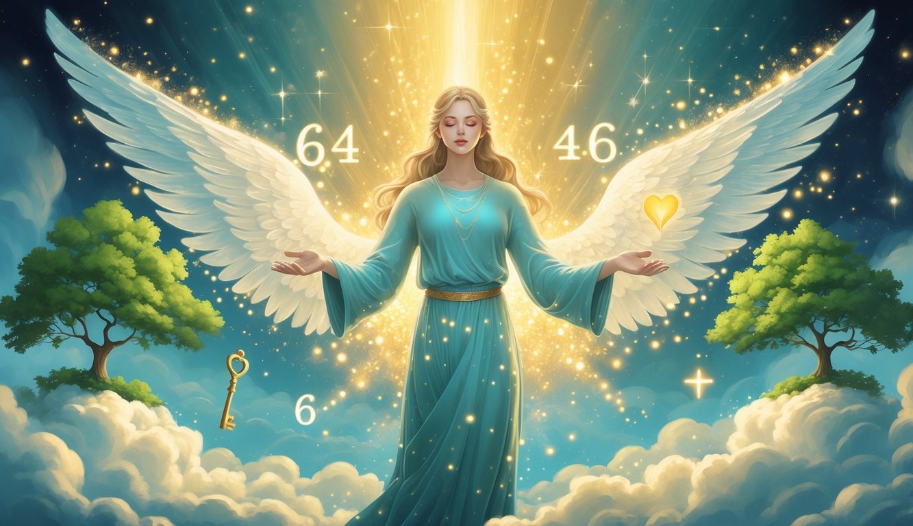 A mystical figure releasing glowing light shaped like numbers, surrounded by symbols of growth, love, and spiritual guidance against a celestial background.