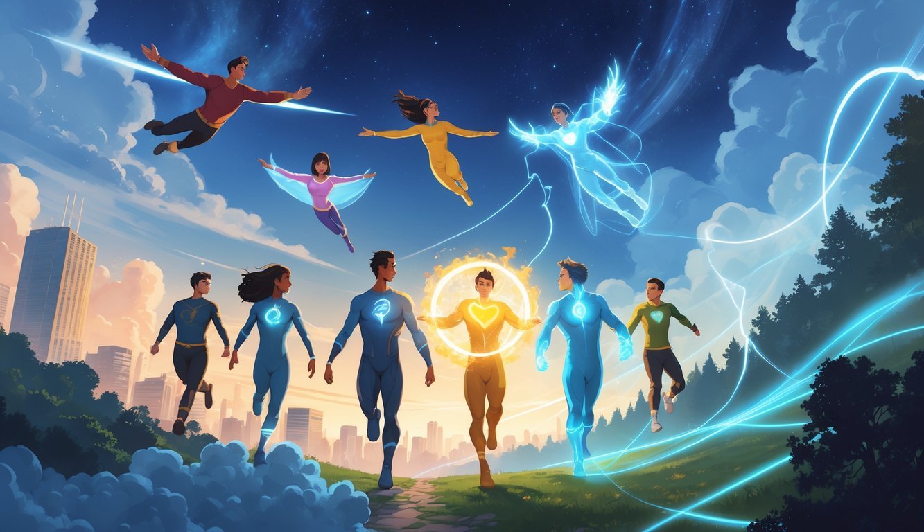 A group of people displaying different superpowers including flying, glowing hands, energy shield, super speed, and telepathy, set against a city and nature background with dreamlike clouds and abstract symbols.