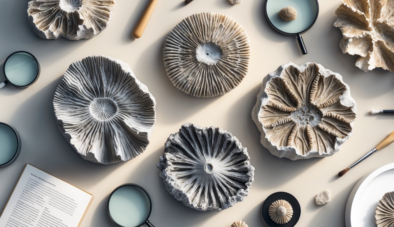 An illustration showing various fossil coral specimens with scientific tools arranged around them.