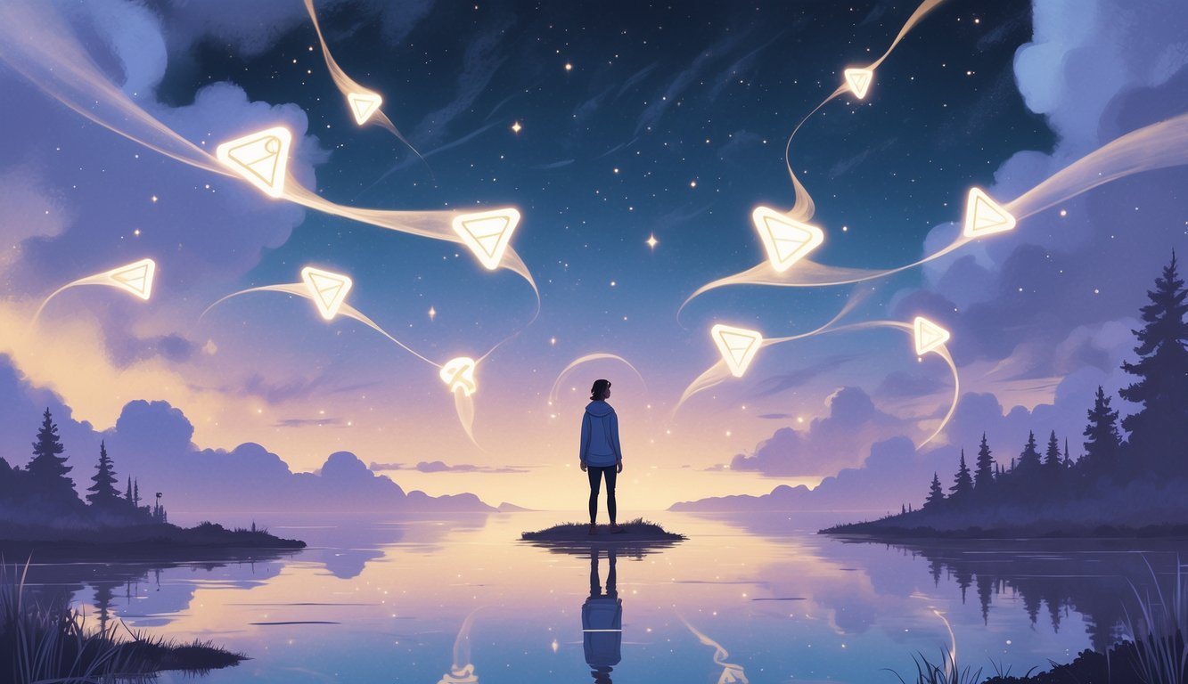 A person standing by a calm lake at twilight with glowing symbols of superpowers floating around them, under a starry sky.