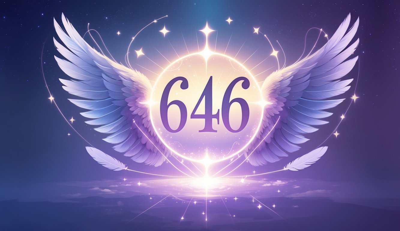 A glowing number 646 surrounded by mystical symbols and soft light against a celestial background.